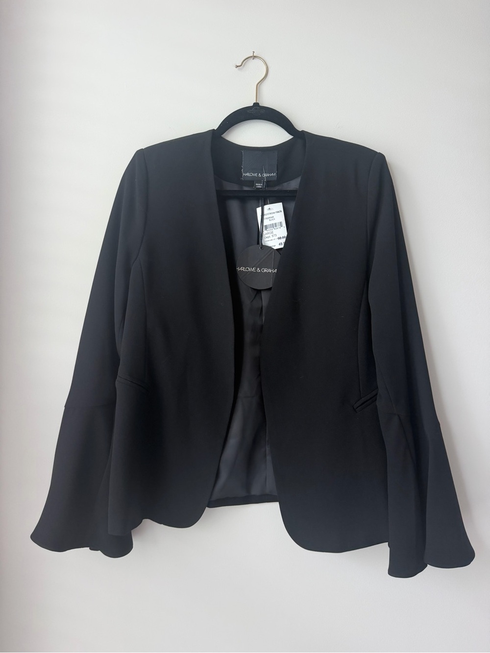Harlowe & Graham Black Open-Front Flounce Sleeve Blazer